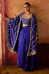 Buy_Vinita Bhansali_Blue Silk Sequins, Beads Open Neck, Samara Embroidered Cape Draped Skirt Set _at_Aza_Fashions