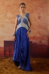 Shop_Vinita Bhansali_Blue Silk Embroidery, Stones V-neck Samara Waistcoat And Draped Skirt Set _at_Aza_Fashions