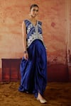 Shop_Vinita Bhansali_Blue Silk Embroidery, Stones V-neck Samara Waistcoat And Draped Skirt Set _Online_at_Aza_Fashions