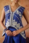 Vinita Bhansali_Blue Silk Embroidery, Stones V-neck Samara Waistcoat And Draped Skirt Set _at_Aza_Fashions