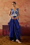 Buy_Vinita Bhansali_Blue Silk Embroidery, Stones V-neck Samara Waistcoat And Draped Skirt Set _at_Aza_Fashions