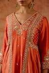 Buy_Vinita Bhansali_Orange , Organza Embroidery, Sequins, Zari V-neck Rasika Anarkali Set _Online_at_Aza_Fashions
