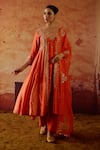 Buy_Vinita Bhansali_Orange , Organza Embroidery, Sequins, Zari V-neck Rasika Anarkali Set _at_Aza_Fashions