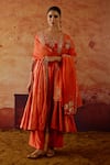 Buy_Vinita Bhansali_Orange , Organza Embroidery, Sequins, Zari V-neck Rasika Anarkali Set 