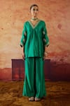 Vinita Bhansali_Green Silk Embroidery V-neck Kurta With Pant _at_Aza_Fashions