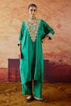 Buy_Vinita Bhansali_Emerald Green Silk Embroidery, Sequins, Zari, Stones V-neck Maryam Kaftan Set _at_Aza_Fashions