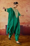 Shop_Vinita Bhansali_Emerald Green Silk Embroidery, Sequins, Zari, Stones V-neck Maryam Kaftan Set _Online_at_Aza_Fashions