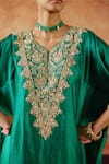Vinita Bhansali_Emerald Green Silk Embroidery, Sequins, Zari, Stones V-neck Maryam Kaftan Set _at_Aza_Fashions