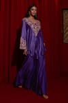 Buy Vinita Bhansali Purple Silk V-, Square Aafsa Embroidered Cape Sharara Set Online at Aza Fashions Buy_Vinita Bhansali_Purple Silk V-, Square Aafsa Embroidered Cape Sharara Set _Online_at_Aza_Fashions