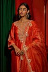 Shop Vinita Bhansali Orange , Organza Embroidery, Sequins, Zari V-neck Saanjh Kurta Set Shop_Vinita Bhansali_Orange , Organza Embroidery, Sequins, Zari V-neck Saanjh Kurta Set