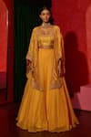 Vinita Bhansali Yellow , Organza Embroidery, Sequins, Stones Aarna Hand Cape Skirt Set at Aza Fashions Vinita Bhansali_Yellow , Organza Embroidery, Sequins, Stones Aarna Hand Cape Skirt Set _at_Aza_Fashions
