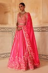 Vinita Bhansali_Pink Silk Embroidery, Sequins, Zari V-neck Gulbaag Hand Lehenga Set _Online_at_Aza_Fashions
