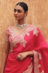 Vinita Bhansali Red Silk Embroidery, Zari V-neck Reet Pure Hand Saree With Blouse Online at Aza Fashions Vinita Bhansali_Red Silk Embroidery, Zari V-neck Reet Pure Hand Saree With Blouse _Online_at_Aza_Fashions