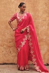 Buy_Vinita Bhansali_Pink Silk Embroidery, Zari Square Neck Hand Saree And Padded Blouse _at_Aza_Fashions