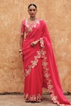 Shop_Vinita Bhansali_Pink Silk Embroidery, Zari Square Neck Hand Saree And Padded Blouse _Online_at_Aza_Fashions