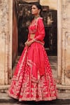 Vinita Bhansali Red Silk Embroidery, Sequins, Zari Round Neck Adhira Hand Lehenga Set at Aza Fashions Vinita Bhansali_Red Silk Embroidery, Sequins, Zari Round Neck Adhira Hand Lehenga Set _at_Aza_Fashions