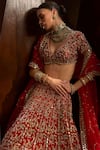 Buy Tamanna Punjabi Kapoor Red Silk, Shantoon Embroidery, Mirrors, Sequins, Zari V-neck Bridal Lehenga Set Online at Aza Fashions Buy_Tamanna Punjabi Kapoor_Red Silk, Shantoon Embroidery, Mirrors, Sequins, Zari V-neck Bridal Lehenga Set _Online_at_Aza_Fashions