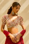 Shop Tamanna Punjabi Kapoor Red Silk Sequins, Beads, Metallic Embroidered Blouse And Crushed Lehenga Set at Aza Fashions Shop_Tamanna Punjabi Kapoor_Red Silk Sequins, Beads, Metallic Embroidered Blouse And Crushed Lehenga Set _at_Aza_Fashions