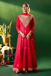 Shop Samyukta Singhania Red Georgette Embroidery, Zari V-neck Anarkali Set Online Shop_Samyukta Singhania_Red Georgette Embroidery, Zari V-neck Anarkali Set _Online
