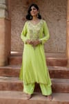 Shop Nazar By Indu Lime Cotton Embroidery, Sequins, Zari V-neck Thread And Kurta Set Online at Aza Fashions Shop_Nazar By Indu_Lime Cotton Embroidery, Sequins, Zari V-neck Thread And Kurta Set _Online_at_Aza_Fashions
