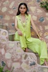 Shop Nazar By Indu Lime Cotton Beads, Sequins, Embroidery V-neck Sleeveless Jacket And Palazzo Set Online at Aza Fashions Shop_Nazar By Indu_Lime Cotton Beads, Sequins, Embroidery V-neck Sleeveless Jacket And Palazzo Set _Online_at_Aza_Fashions