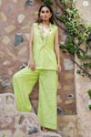 Shop Nazar By Indu Lime Cotton Beads, Sequins, Embroidery V-neck Sleeveless Jacket And Palazzo Set at Aza Fashions Shop_Nazar By Indu_Lime Cotton Beads, Sequins, Embroidery V-neck Sleeveless Jacket And Palazzo Set _at_Aza_Fashions