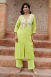 Buy Nazar By Indu Lime Cotton Embroidery, Beads, Tassels V-neck, Floral Leaf Kurta And Pant Set Online at Aza Fashions Buy_Nazar By Indu_Lime Cotton Embroidery, Beads, Tassels V-neck, Floral Leaf Kurta And Pant Set _Online_at_Aza_Fashions