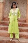 Buy Nazar By Indu Lime Cotton Embroidery, Beads, Tassels V-neck, Floral Leaf Kurta And Pant Set at Aza Fashions Buy_Nazar By Indu_Lime Cotton Embroidery, Beads, Tassels V-neck, Floral Leaf Kurta And Pant Set _at_Aza_Fashions