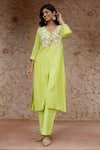 Shop Nazar By Indu Lime Cotton Embroidery, Beads, Tassels V-neck, Floral Leaf Kurta And Pant Set at Aza Fashions Shop_Nazar By Indu_Lime Cotton Embroidery, Beads, Tassels V-neck, Floral Leaf Kurta And Pant Set _at_Aza_Fashions