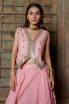 Shop Nazar By Indu Blush Cotton Mirrors, Zari, Embroidery V-neck And Lehenga Set Online at Aza Fashions Shop_Nazar By Indu_Blush Cotton Mirrors, Zari, Embroidery V-neck And Lehenga Set _Online_at_Aza_Fashions