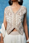 Nazar By Indu Ivory Cotton Embroidery, Metallic Thread V-neck Pita And Zari Jacket Lehenga Set at Aza Fashions Nazar By Indu_Ivory Cotton Embroidery, Metallic Thread V-neck Pita And Zari Jacket Lehenga Set _at_Aza_Fashions