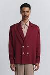 Buy_Line Out Line_Maroon Tencel, Twill Macro Shoulder Blazer _at_Aza_Fashions