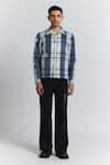 Shop_Line Out Line_Blue Cotton Satin Vintage Checkered Shacket _Online_at_Aza_Fashions