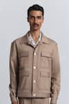 Buy_Line Out Line_Beige Embroidery Zoning Grid Utility Jacket _at_Aza_Fashions