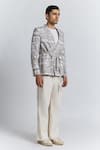 Line Out Line_Beige Cotton, Linen Contour Grid Belted Blazer _at_Aza_Fashions