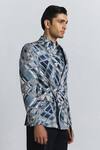 Line Out Line_Blue Cotton Satin Vortex Print Shaped Blazer _Online_at_Aza_Fashions