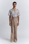 Buy_Line Out Line_Beige Denim Piping Modulus Pleat Trouser _at_Aza_Fashions