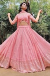 Shop_Amaltas Couture_Peach Georgette Sequins, Embroidery Square Neck Lehenga Set _Online_at_Aza_Fashions
