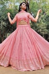 Amaltas Couture_Peach Georgette Sequins, Embroidery Square Neck Lehenga Set _at_Aza_Fashions