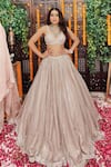 Buy_Amaltas Couture_Pink Net Sequins, Beads, Embroidery V-neck And Cutdana Lehenga Set _at_Aza_Fashions