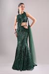 Buy_Samyukta Singhania_Emerald Green Net, Lycra Sequins, Embroidery Round Neck Wavy Hand Lehenga Set _Online_at_Aza_Fashions