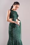 Shop_Samyukta Singhania_Emerald Green Net, Lycra Sequins, Embroidery Round Neck Wavy Hand Lehenga Set _Online_at_Aza_Fashions