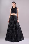 Buy_Samyukta Singhania_Black Net, Lycra Sequins, Embroidery Round Neck Hand Lehenga Set _Online_at_Aza_Fashions