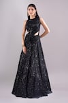 Shop_Samyukta Singhania_Black Net, Lycra Sequins, Embroidery Round Neck Hand Lehenga Set _Online_at_Aza_Fashions