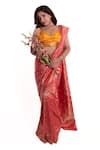 Buy_Amaltas Couture_Coral Silk Zari, Embroidery V-neck Banarasi Bandhej Saree With Blouse _at_Aza_Fashions