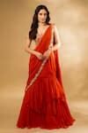 Buy_Dajwaree_Orange Georgette Mirrors, Zari, Stones Sunehri Ruffled Lehenga Saree With Blouse _at_Aza_Fashions