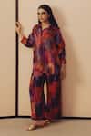 Buy_Kavya Singh Kundu_Purple Silk Embroidery Collared, V-neck Sam Block Print Shirt And Pant Set _at_Aza_Fashions