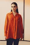 Buy_Kavya Singh Kundu_Rust Silk Pearls, Beads Collared, V-neck Row Hand Embroidered Shirt _at_Aza_Fashions