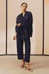 Buy_Kavya Singh Kundu_Navy Silk Embroidery, Sequins Collared, Split V-neck Rem Shirt And Pant Set _at_Aza_Fashions