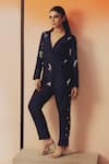 Buy_Kavya Singh Kundu_Navy Silk Embroidery, Sequins, Beads Troy Hand Blazer And Pant Set _at_Aza_Fashions